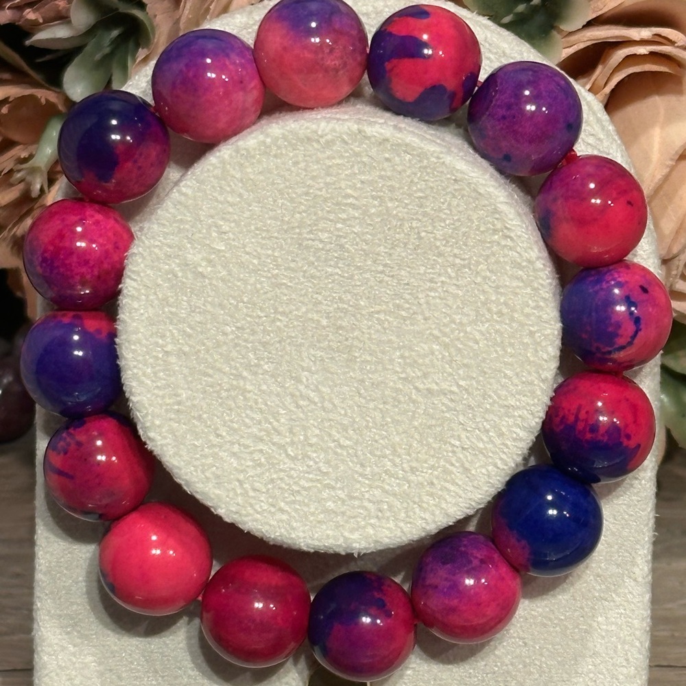 Fuchsia & Violet Marbled Agate Bracelet 13.5mm Size 6.75